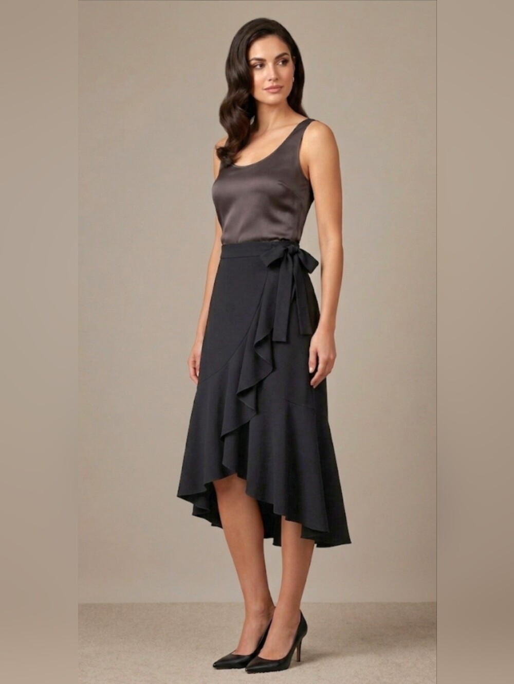 H & M Black Asymmetric Ruffle Faux-Wrap High-Low Midi Skirt  Sz 12